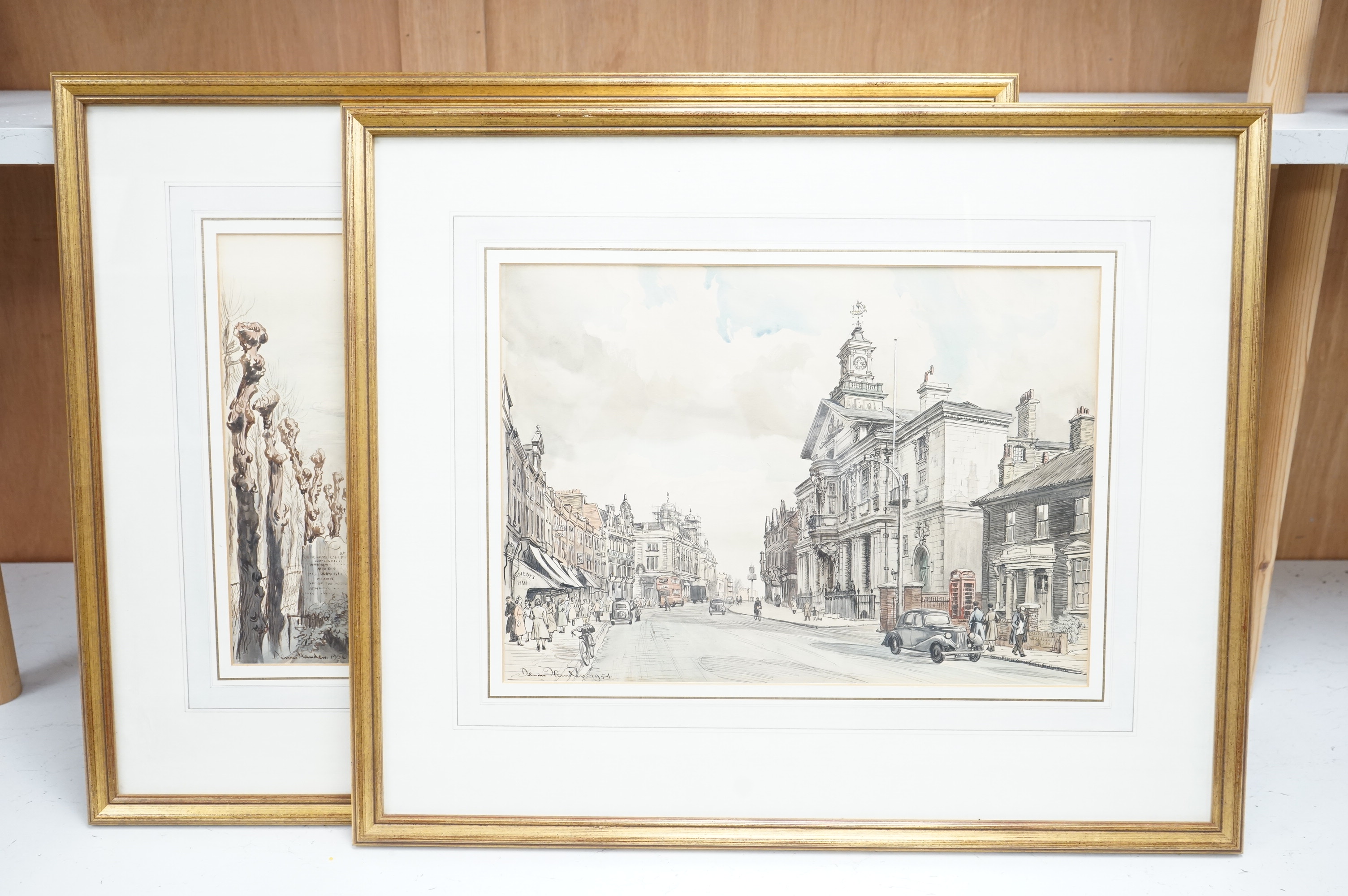 Dennis Flanders RBA RWS (1915-1994), two ink and watercolours, comprising: ‘St. Paul's Parish Church’ and ‘Deptford Town Hall and Newcross Road’, each signed and dated, largest 30 x 43cm. Condition - fair